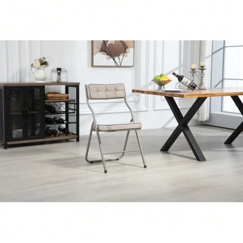 Folding Chairs 2 Pack - Foldable Dining Chairs With Cushion, Portable And Assembled Folding Extra Chair For Guests Kitchen Office Wedding Party Khaki - 卡其色 - 查看 1