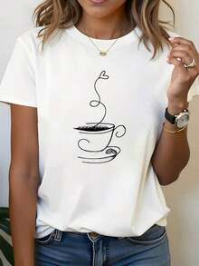 Camiseta con Aroma a Café 2026 - Camiseta Casual de Manga Corta con Cuello Redondo y Estampado de Granos de Café y Taza - Blusa de Corte Regular H-Line para Atuendo Casual de Primavera, Verano y Otoño (Lavable a Máquina) - Blanco - Ver 6