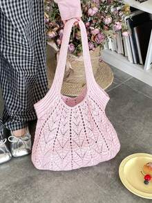 Túi đeo vai dệt kim khoét rỗng kiểu Hàn Quốc nhẹ nhàng, màu phấn nhạt, kiểu dáng lười biếng, túi tote dung tích lớn, túi đi làm, túi đan len đi biển kỳ nghỉ, thiết kế nhỏ gọn, túi đeo nách đa năng. - Nhiều màu - Xem 6