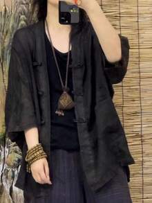 LUCIDVUE 1件女款中式亞麻開襟衫，春夏傳統鈕扣式寬鬆薄款外套，休閒度假穿搭黑色 - 黑色 - 查看 4