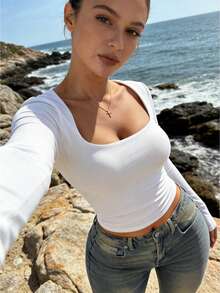 长袖修身显瘦性感基础款T恤 女款 百搭休闲街头风 夏季露脐上衣 T恤 日常居家休闲度假穿搭 - 白色 - 查看 2