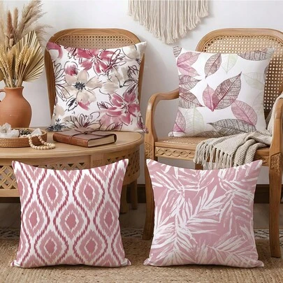 Bộ 4 vỏ gối phong cách Bohemian in họa tiết hoa lá và hình học [Không kèm ruột gối], kích thước 17.7*17.7in (45*45cm)/19.69*19.69in (50*50cm)/15.75*15.75in (40*40cm), [In một mặt], Chất liệu polyester, Vỏ gối trang trí sofa họa tiết kim cương ikat nhuộm màu hồng tối giản hiện đại, Trang trí phòng, Trang trí nhà cửa, Trang trí phòng ngủ, Đồ trang trí phòng cho sofa, phòng khách, phòng ngủ, xe hơi, văn phòng, khách sạn, nhà nghỉ, Món quà hoàn hảo cho gia đình và bạn bè