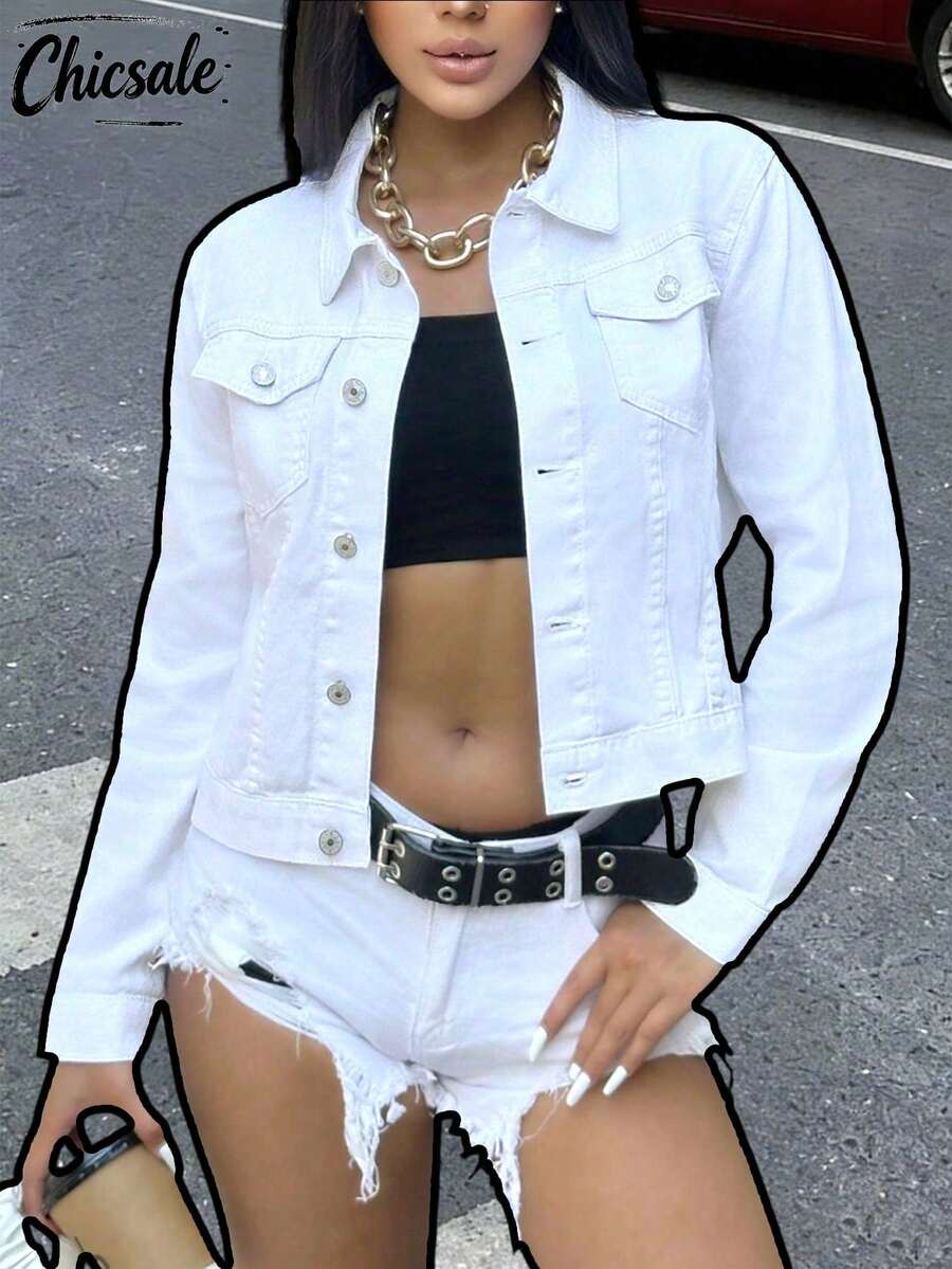Chaqueta vaquera corta de unicolor versátil y casual para mujer, blanca - Blanco - Ver 1