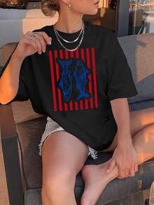 Striped And Fish Pattern Graphic Print T-Shirt For Casual Vacation Style. Retro Wash T-Shirt. New Women's Clothing. Suitable For Casual Outings And Va - 黑色 - 查看 1