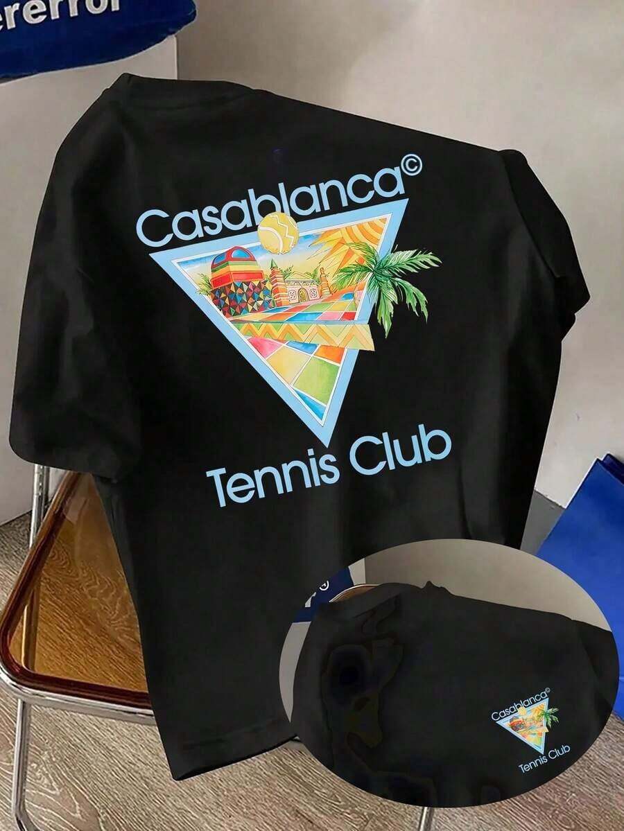 2026.Tops.Tennis And Vacation Element Pattern Printing, High-Quality 100% Pure Cotton Summer Men's T-Shirt, With A Retro And Luxurious Sports And Leisure Style, Suitable For Daily Sports Weart Shirt Herren - màu đen - Xem 1