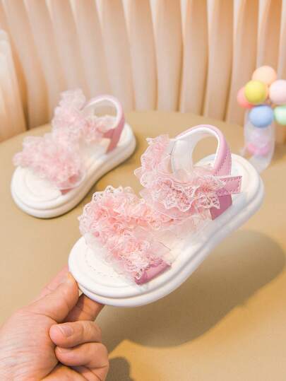 1 Pair Pink Lace Trim Sweet Summer Sandals For Toddler Girls, Children Princess Flat Shoes