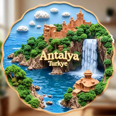 Turkish Riviera In A Blossom Badge – Raised Relief Fridge Decor Featuring Ancient Harbor, Mediterranean Coast & "Antalya Turkiye" Lettering