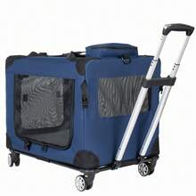 2 In 1, 24''/28"/ Collapsible Travel Dog Crate For Medium Large Dogs, Rolling Pet Carrier With Wheels, 3-Door Portable Folding Pet Kennel With Mesh Windows, Indoor Outdoor Travel Use, Dark Blue - Blue - View 1