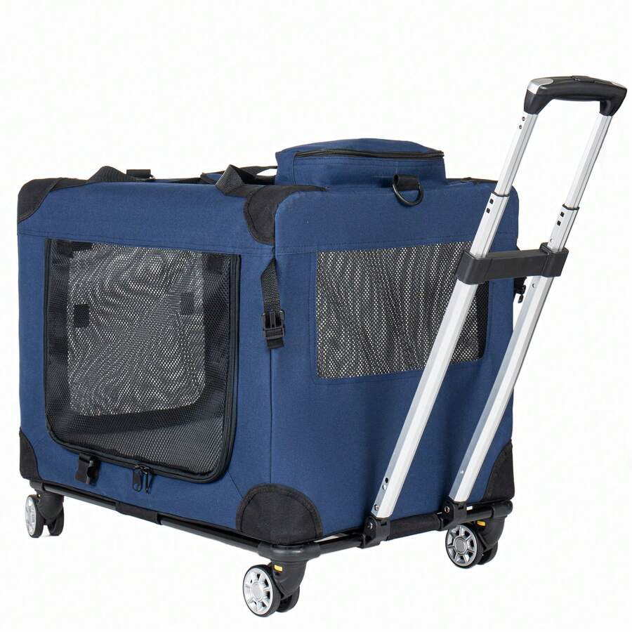 2 In 1, 24''/28"/ Collapsible Travel Dog Crate For Medium Large Dogs, Rolling Pet Carrier With Wheels, 3-Door Portable Folding Pet Kennel With Mesh Windows, Indoor Outdoor Travel Use, Dark Blue - Blue - View 1