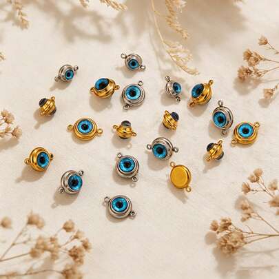 5Pcs Gold & Silver Stainless Steel Evil Eye Connectors, Blue Eye Charm Beads For DIY Jewelry Making, Suitable For Bracelet Necklace