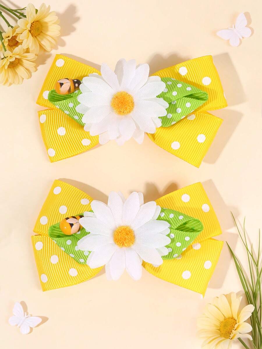 2pcs Yellow Bee Hair Bows For Girls Flower Decor Hair Clips Polka Dot Alligator Clips Cute Barrettes Summer Vacation Party Trip Gift Beach Hairpins Teens Hair Accessories - Yellow - View 1
