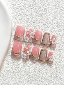 10片猫眼造型手工美甲套装，压制假指甲，手工白色五瓣花美甲装饰，粉色指甲油，奢华舒缓风格，包含美甲工具（1个果冻贴纸+1个指甲锉），三种尺寸可选：杏仁形、鸭嘴形、棺材形，适合派对、日常佩戴、聚会、拍照、春夏通勤等场合。 - 彩色 - 查看 12