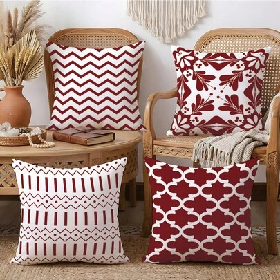 Bộ 4 vỏ gối phong cách Bohemian màu đỏ gạch, họa tiết hình học trừu tượng và hoa văn [Không kèm ruột gối], kích thước 17.7*17.7in (45*45cm)/19.69*19.69in (50*50cm)/15.75*15.75in (40*40cm), [In một mặt], chất liệu polyester, vỏ gối sofa tối giản hiện đại dùng để trang trí nhà cửa, phòng ngủ, phòng khách, làm quà tặng cho gia đình và bạn bè.