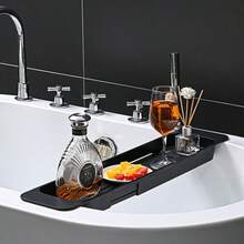 Extendable Bath Tub Caddy, Foldable Wooden Bathtub Storage Rack, Bath Tub Phone Holder Shelf - Black - View 7