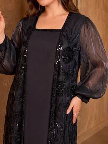 Vestido de noche de satén con cuello Mao, manga larga y aplicaciones de strass hechas a mano para mujer SUPGIR - Negro - Ver 3