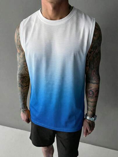  Camiseta sin mangas casual y deportiva de moda para hombre Fractyr, artículo esencial para primavera/verano, estilo minimalista básico adecuado para viajes y vacaciones, diseño degradado retro, transpirable y cómodo para el uso en verano