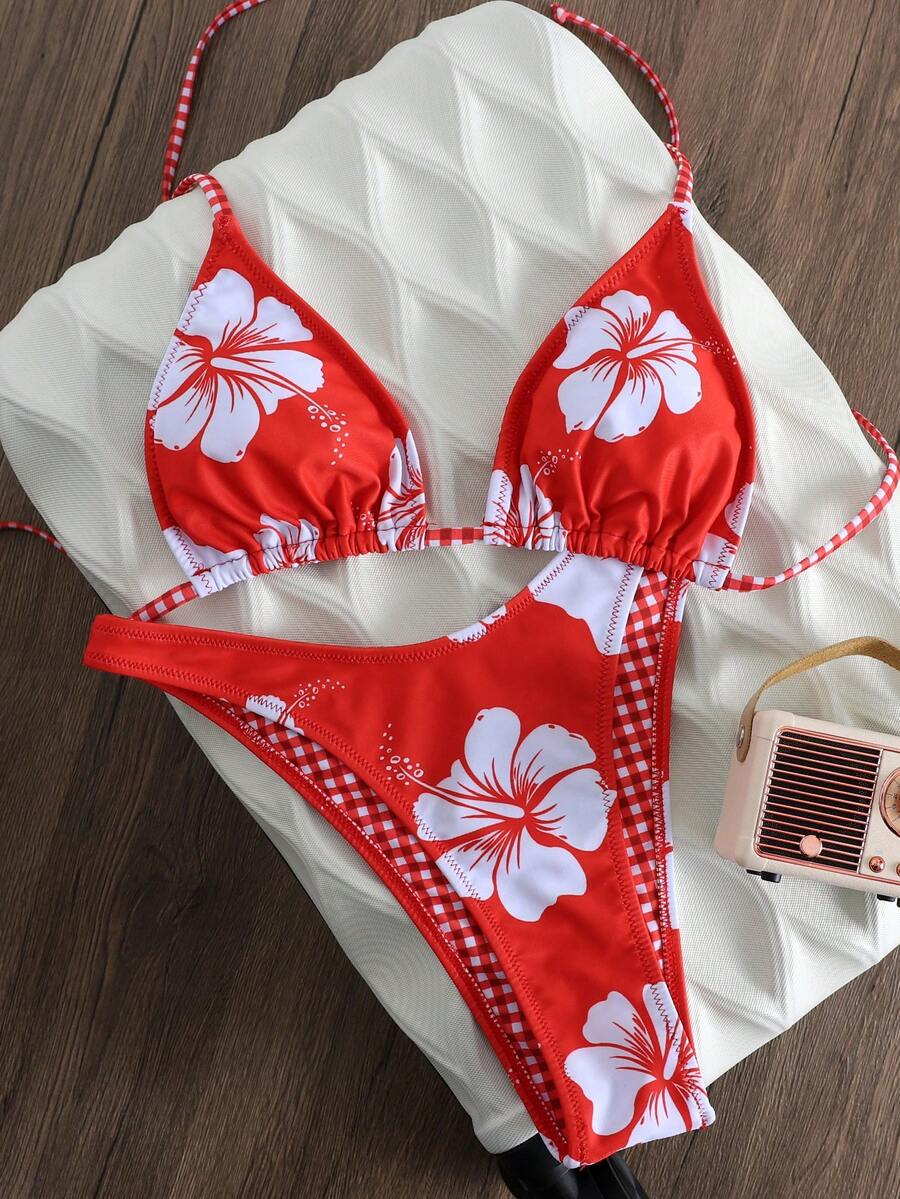 Bộ bikini hở lưng in hoa màu đỏ dành cho nữ, đồ bơi gợi cảm với độ co giãn cao, thiết kế buộc dây phía sau. - Đỏ - Xem 1