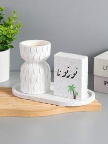 3 Pieces Set Including Elegant Minimalist Resin Incense Burner And Matching Tray, Decorated With Arabic Calligraphy Auspicious Meaning And Coconut Tree Pattern - 3916 - View 9