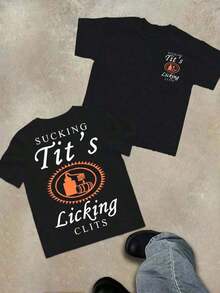 Funny Tito Drinking Humor Printed Round-Neck-Shirt (220g Cotton-Shirt)% Cotton Fabric - Street Style Neutral Round-Neck Breathable Short-Sleeved-Shirt, Retro, Casual, Versatile And Fashionable Summer Men's Daily Wear-ShirtUnisex Casual-ShirtsSummer Fashion - 黑色 - 查看 1