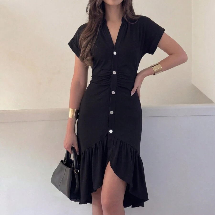 VIBEWAVE 2026 Summer New Women's V-Neck Fitted Long Dress, Midi Dress - Black - View 1