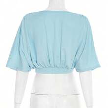 Women's Fashionable Light Blue Knit Batwing Sleeve Cropped Top, Deep V-Neck Summer - Blue - View 7