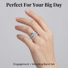 2Pcs Bridal Wedding Ring Set, Round 6 Prong Engagement Ring, Twisted Pave Stackable Silver Plated Rings For Women Anniversary Gift - Silver - View 7