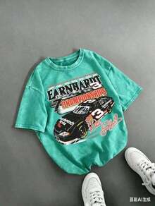 Retro DaleS Earnhardt #3 NASCARS 7 Championships Racing Car Graphic Tee,Casual Print,Comfortable And Versatile,Pure Cotton 220g Washed Printed T-Shirt - 湖綠色 - 查看 1
