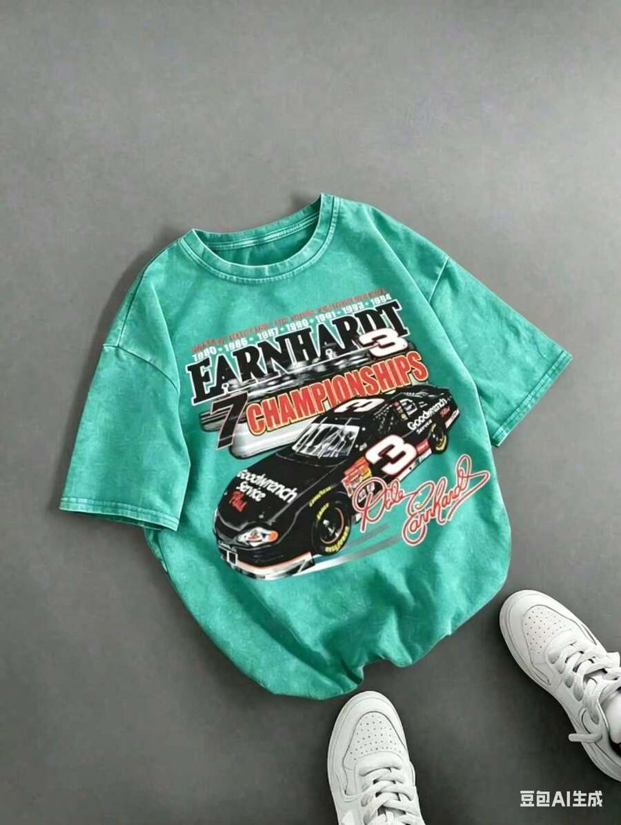 Retro DaleS Earnhardt #3 NASCARS 7 Championships Racing Car Graphic Tee,Casual Print,Comfortable And Versatile,Pure Cotton 220g Washed Printed T-Shirt - 湖綠色 - 查看 1