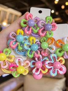 5pcs/Set Cartoon Color Block Floral Headbands, Elastic Hair Ties With Faux Pearl, Cute Candy Color Hair Bands, High Elastic Ponytail Holders, Hair Accessories, Random Colors, Hair Clips, Hair Ties, Headbands, Hair Scrunchies - Multicolor - View 6