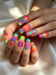 24Pcs Set Medium-Long Press On False Nails, Glossy Full Cover Acrylic Fake Nails, Reusable Design For Holidays Parties Dates Daily Wear, Ideal Nail Art Gift For Women & Girls With Jelly Gel & Nail File - 彩色塗鴉 - 查看 2