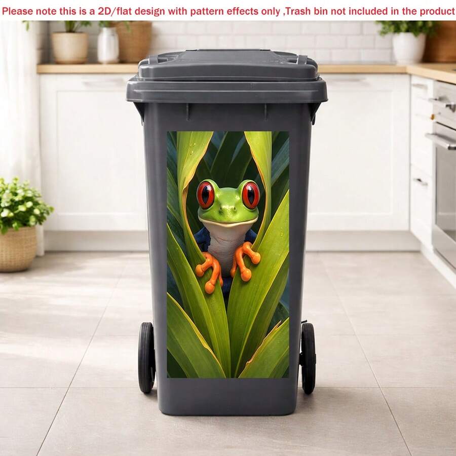 1 pieza Pegatina plana autoadhesiva para bote de basura en 2D, Pegatina para bote de basura con diseño de hoja de rana, Calcomanía de cubo de basura con animal lindo, Pegatina decorativa para el hogar impermeable de PVC, Material de PVC, Fácil de pelar y pegar, Pegatina de arte plano, Almacenamiento de cocina