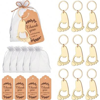 Bộ 60 món móc khóa hình dấu chân kiêm dụng cụ mở nắp chai bao gồm 12 dụng cụ mở nắp chai, 12 túi len, 12 thiệp cảm ơn, dây gai dầu, mặt dây chuyền móc khóa sáng tạo và cá nhân hóa, đồ trang trí tiệc tùng, đồ trang trí treo, dụng cụ mở nắp chai đa chức năng, quà tặng.