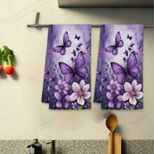 2条紫色蝴蝶花卉图案印花毛巾，现代吸水洗碗布，烹饪烘焙茶巾，洗碗布，手巾，超柔软高吸水性，厨房装饰，送给邻居/妈妈/生日礼物，乔迁礼物，厨房配件，家居必备 - 紫色 - 查看 2
