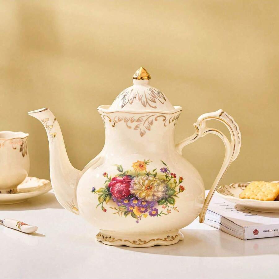 Exquisite European-Style Drinkware Set, Includes Large Teapot, Coffee Pot, Coffee Cups & Saucers, Tea Cups, Multiple Capacity Options, Porcelain Material With Gold Trim Design, Suitable For Family Gatherings, Halloween, Thanksgiving, Christmas, Father's Day, Mother's Day, Valentine's Day Gifts - Multicolor - View 1