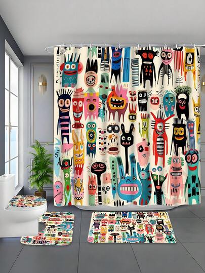 4pcs Cartoon Print Polyester Bathroom Set, Including Waterproof Woven Curtain, Machine Washable, With Hooks And Accessories, Easy Installation - Fashionable Decor For All Seasons
