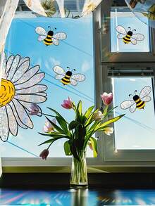 1pc Sunflower & Bee Window Sticker, Bee Flower Rainbow Window Film, Colorful Double-Sided Static Cling Window Decal For Glass, Suction Cup Decoration, Anti-Collision Window Sticker, Suitable For Home Bedroom Living Room Window Decor - A - View 6