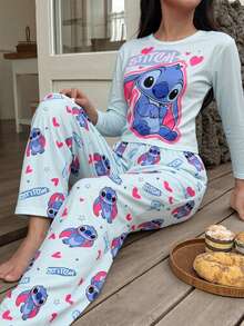 Disney 2pcs Stitch Print Women's Long T-Shirt And Pants Set, Cute Heart Stitch Pattern, Full Print, Stretchy Skin-Friendly Comfortable Casual Suitable For Spring And Autumn - Blue - View 4