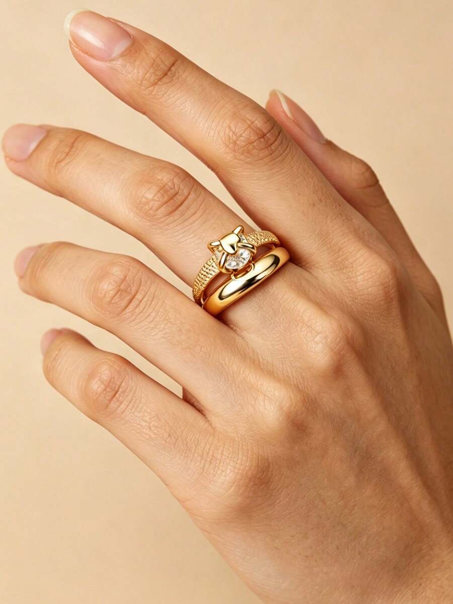 1PC Zirconia Heart Open Rings For Women Lover Gold Color Stainless Steel Heart Ring Female Finger Waterproof Engagement Wedding Jewelry Gift - Multicolor - View 1