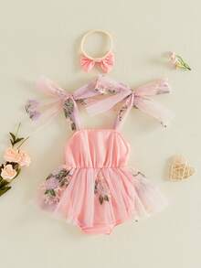 Conjunto para recién nacida, vestido de tul sin mangas con bordado de flores y lazo, con diadema y lazo. Ropa de verano. - Rosa - Ver 4
