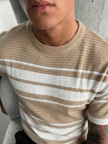 Men's Hollow Out Round Neck Short Sleeve Knit Sweater - Apricot - View 5
