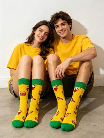 2 Pairs Couple Hamburger & Hot Dog Colorblock Mid-Calf Socks, Funny & Casual Socks For All Seasons