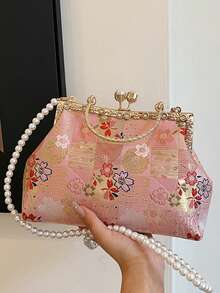Bolso de embrague bordado con estampado de cuadros, bolso bandolera con perlas falsas, bolso de noche retro, bolso de vestido formal - Rosa - Ver 10