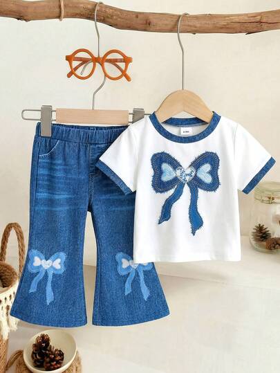 2pcs Baby Girls' Lightweight Casual Bow Print Short Sleeve T-Shirt + Floral Print Flare Pants Set, Thin Spring/Summer Sportswear