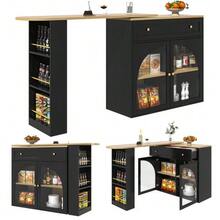 Extendable Bar Table With Storage (138-204*39*104cm), 360° Rotating Dining Bar, Modern Movable Bar Table, High Table Kitchen Island Bistro Table, Sideboard Cabinet With Shelves And Glass, Black - Black - View 11