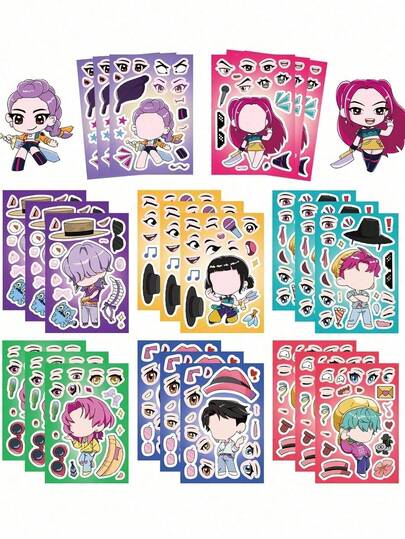 Set de 8 piezas/16 piezas de pegatinas de rompecabezas con personajes de dibujos animados de temática K-Pop original, decoración DIY para estuche de teléfono, portátil, cuaderno