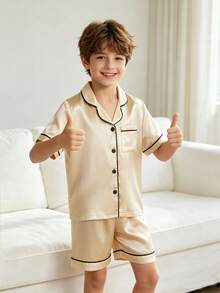 Tween Boy Champagne Gold Lapel Neck Short Sleeve Single-Breasted Top And Shorts 2-Piece Casual Pajama Set - Champagne - View 4