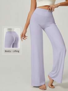 NcmRyu 1pc Women Solid Color Loose Fit High Waist Wide Leg Sports Pants - Mauve Purple - View 2