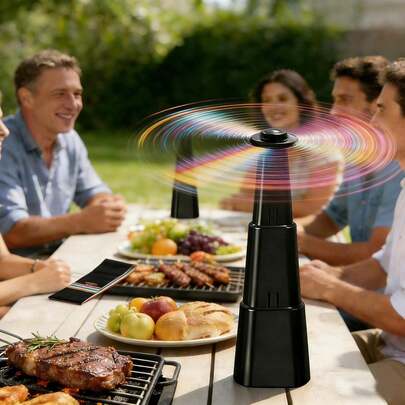桌面驱蝇风扇，室内外通用，旋转全息扇叶，适用于野餐、餐厅、派对、家庭、烧烤等场合。