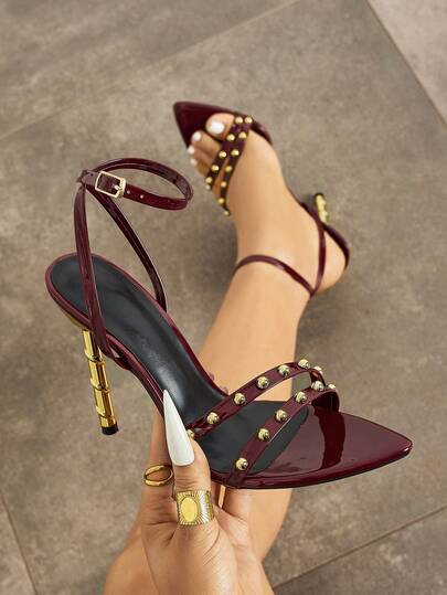 Women's High Heels, Fashionable Banquet Outdoor Party Elegant Metallic Unique Spiral Pointed Toe Alluring Shiny Ankle Strap Adjustable Soft Mirror Surface Sexy Formal Wear Burgundy Sandals, Suitable For Catwalk, Casual, Outdoor, Travel, Avant-Garde High Heels, Ball Party