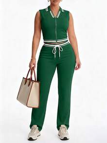 Women's Casual Striped Print Zip-Up Vest Top And Drawstring Pants 2-Piece Set, Spring - Green - View 3
